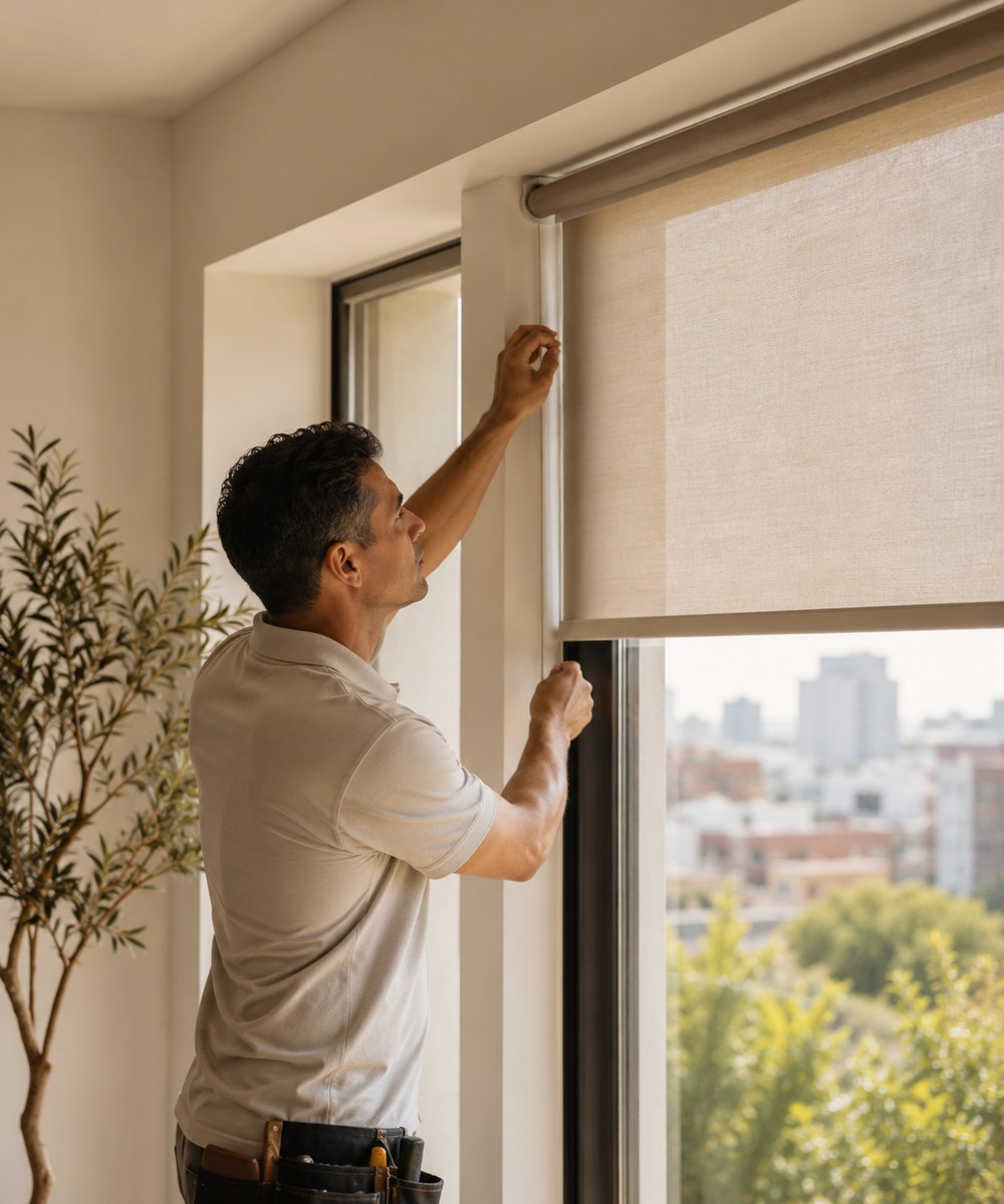 Professional installer adjusting a real roller shade inside a home