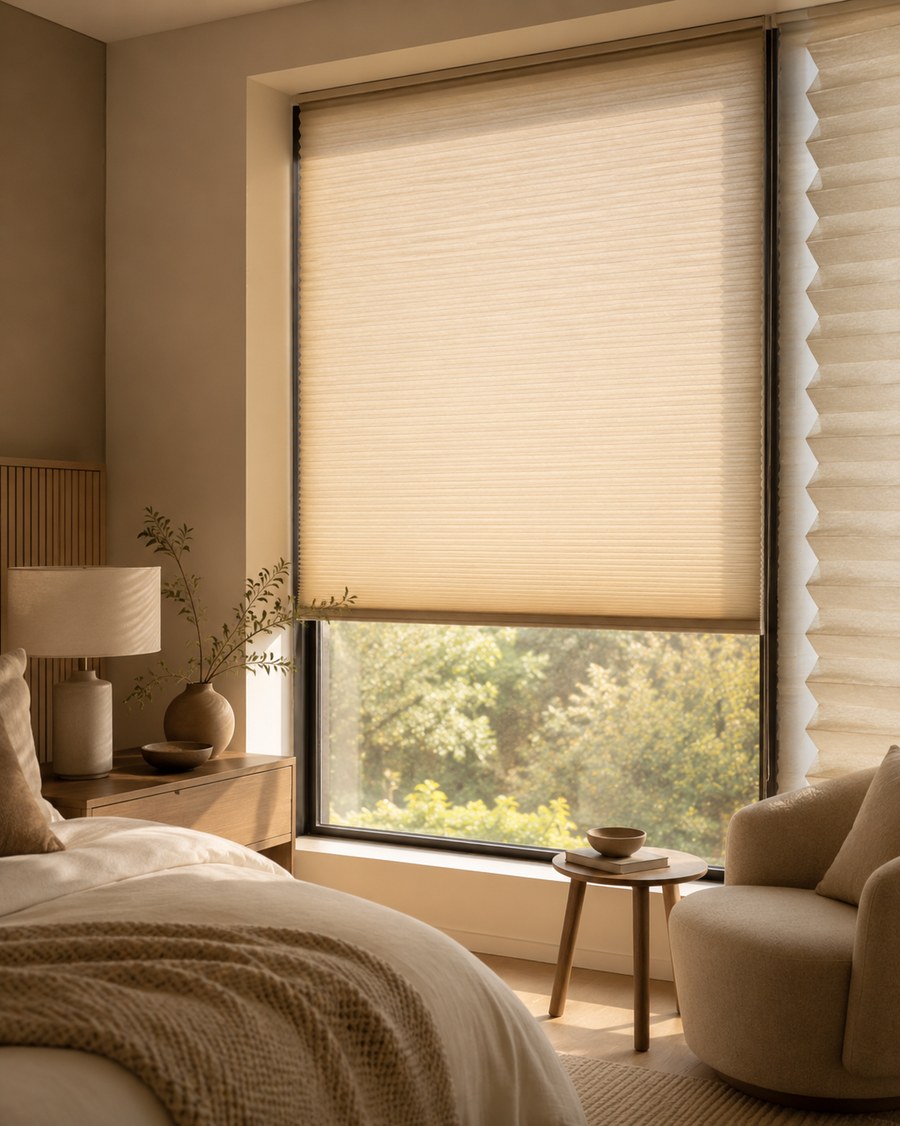Bedroom window with real cellular honeycomb shades filtering sunlight