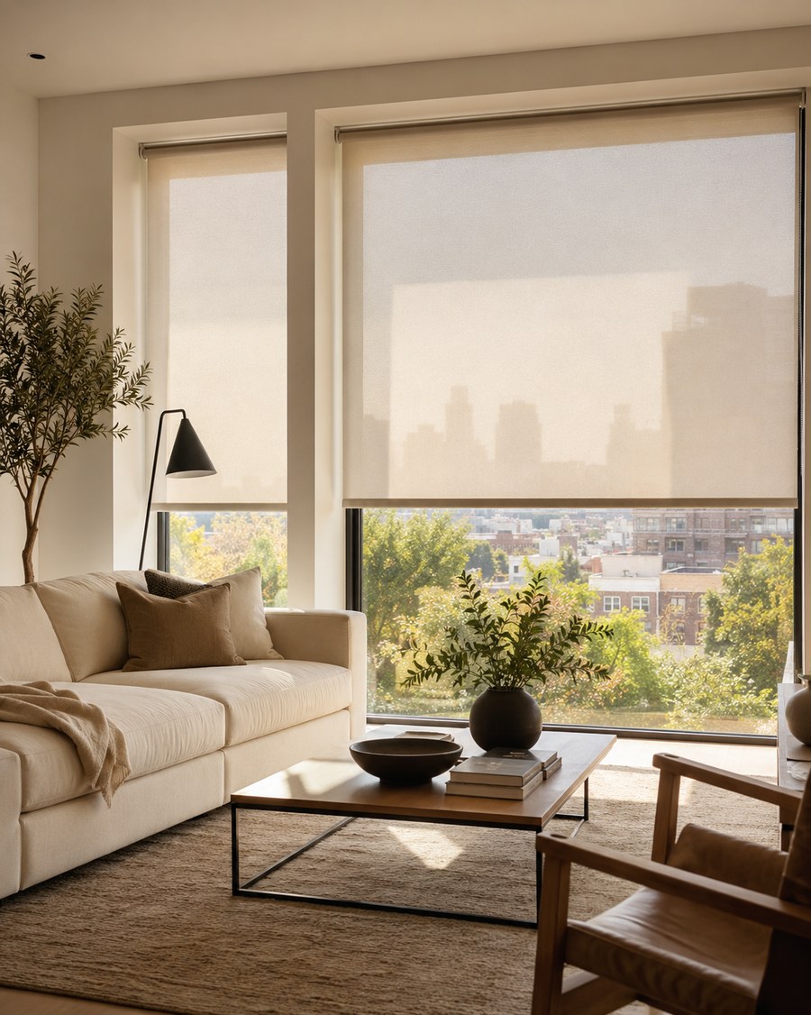 Modern living room with real beige roller shades filtering daylight