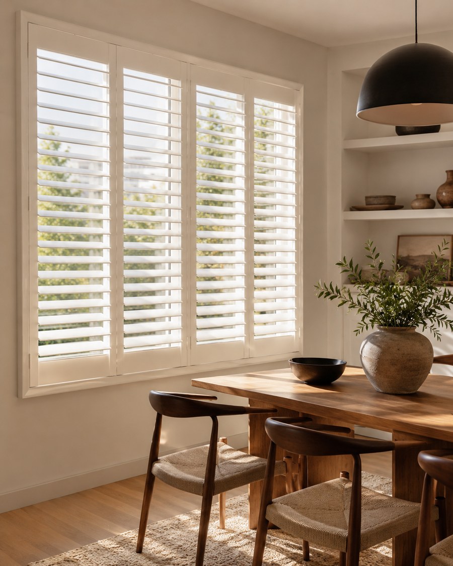 Dining room window with real white plantation shutters