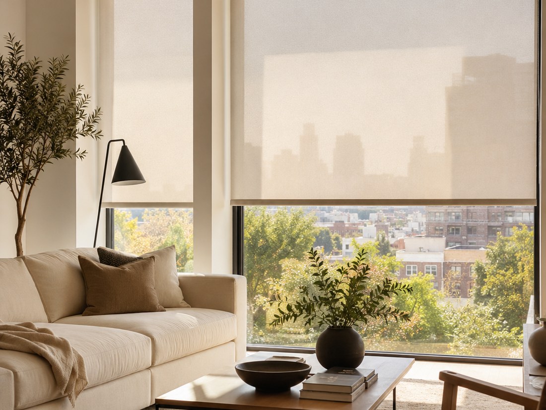 Living room project with real roller shades