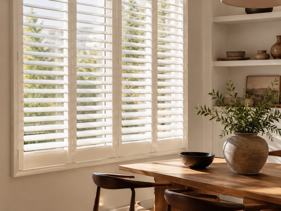 Dining room project with real white plantation shutters