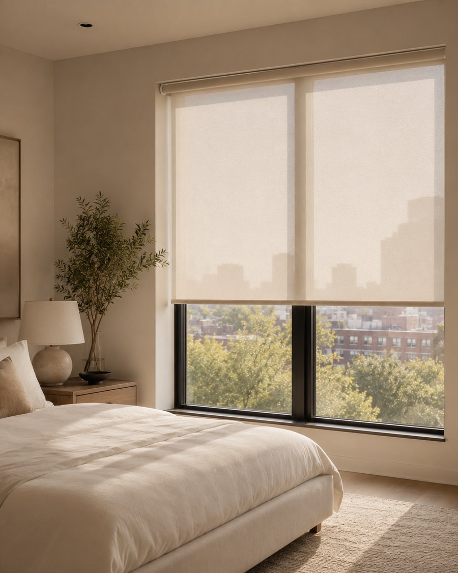 Bedroom window with real roller shades partially lowered