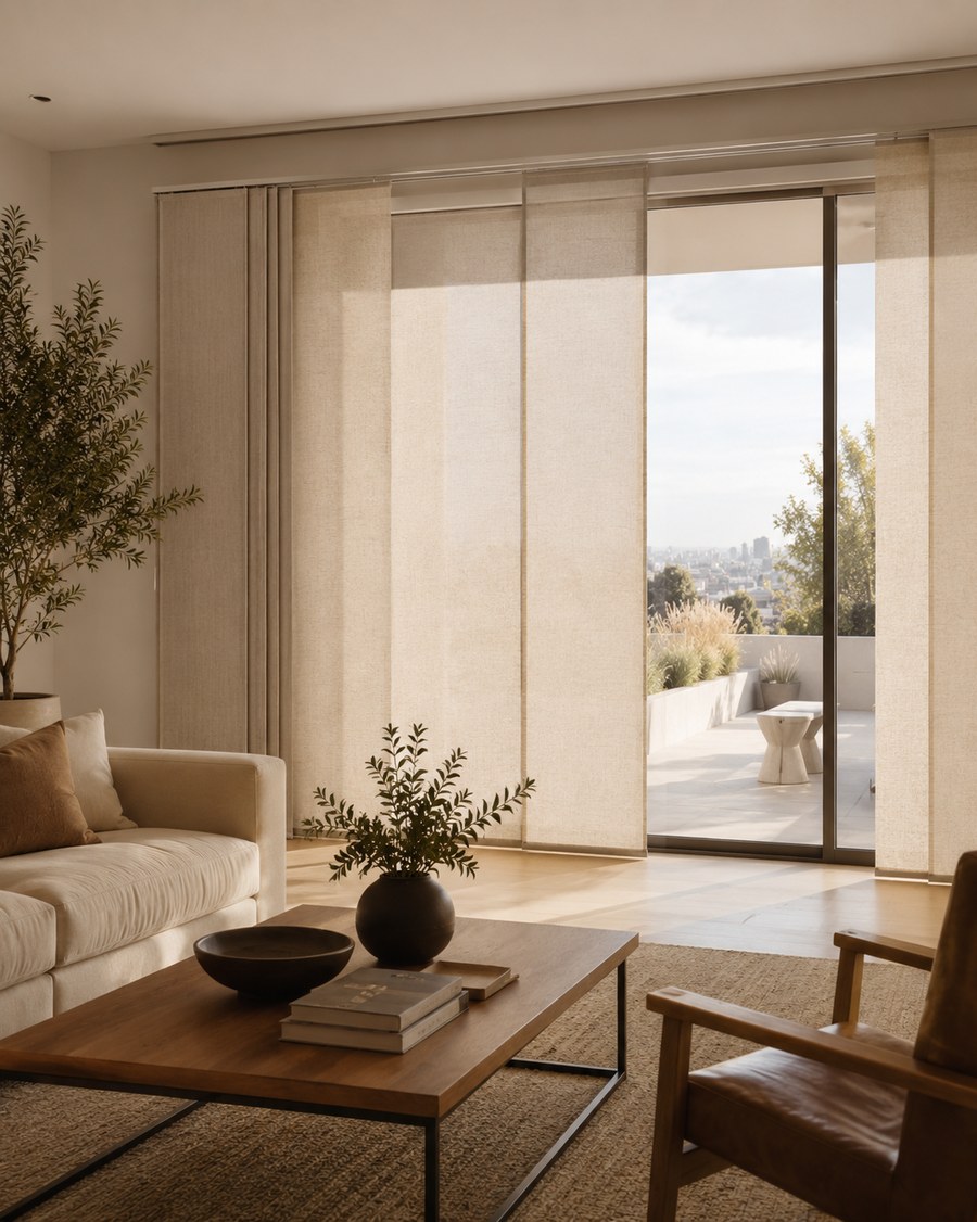 Modern sliding glass door with real fabric sliding panel blinds