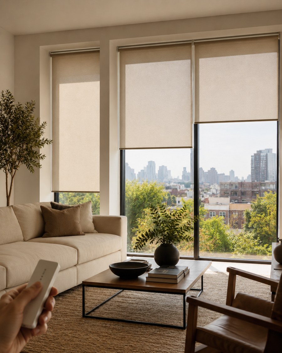 Living room with motorized smart shades and remote control