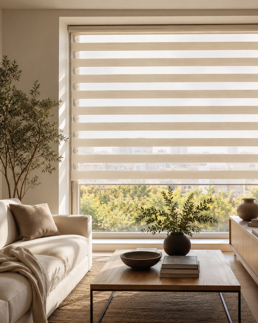 Living room window with real zebra shades and alternating sheer bands
